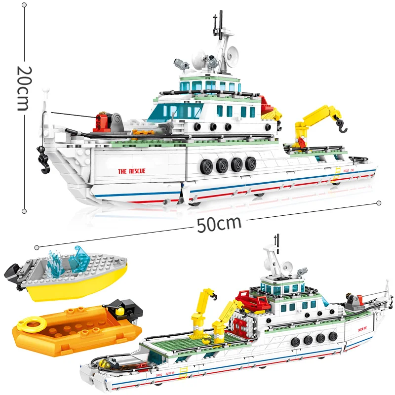 

893PCS Emergency Rescue Ship Model Building Blocks Military City Police Boat Figures Bricks Toys for Children Gift
