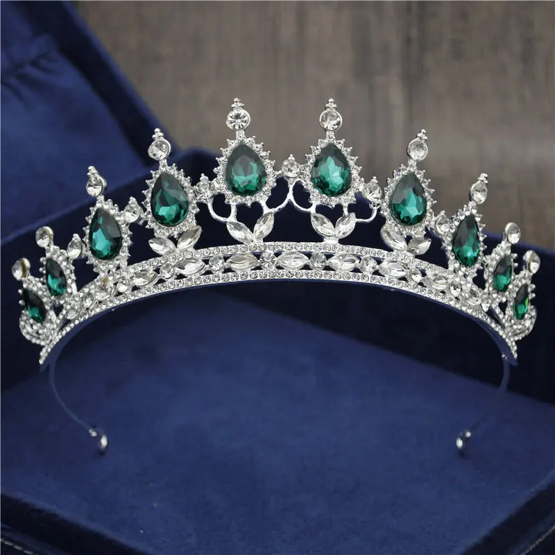 Silver Green Новая Винтажная тиара в стиле барокко, корона для королевы невесты, розовые хрустальные короны, свадебные модные украшения для волос, свадебные аксессуары - Окраска металла: Silver Green