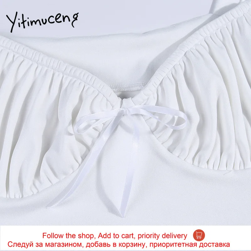 

Yitimuceng Crop Tops Women Summer 2021 White Stretch Fitted Tank Top Sexy Knitwear Ladies Tops Shirring Knitted Bow Lambswool