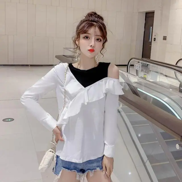 

New spring dress Korean fake two piece off shoulder western style top with thin ruffle and long sleeve shirt