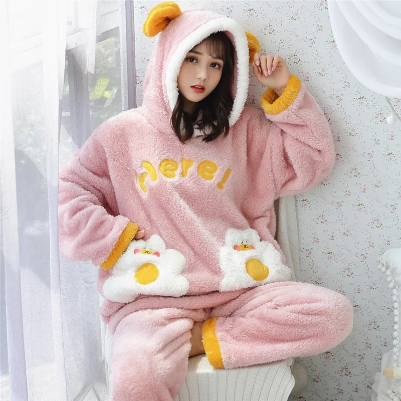 Coral Velvet Pajamas Women's Autumn and Winter Thickened Flannel Cute Cartoon Student Hooded Tracksuit Suit Sika Deer | Женская