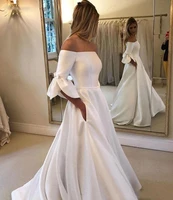 2022 modest off the shouler a line wedding dresses half sleeves princess women long satin bridal gowns vestido noiva mariee