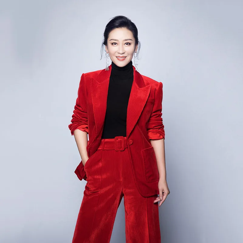 women pant suits formal new fashion red corduroy waist was thin temperament suit jacket wide leg cropped two-piece suit