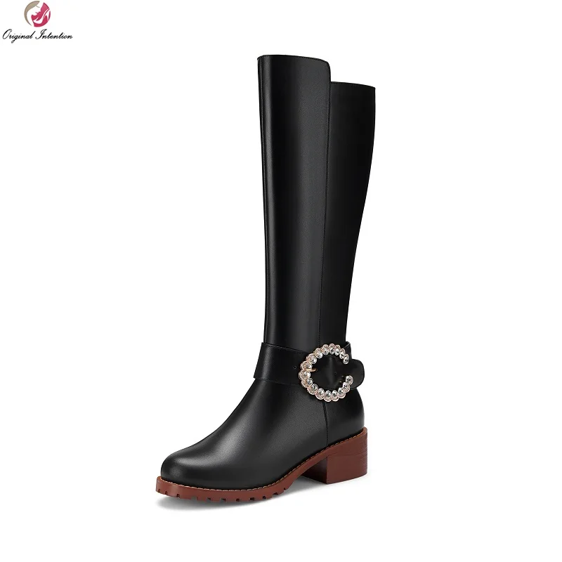 

Original Intention Women Knee High Boots Real Leather Round Toe Rhinestone Chunky Heels Boots Black Shoes Woman Plus Size 5-13