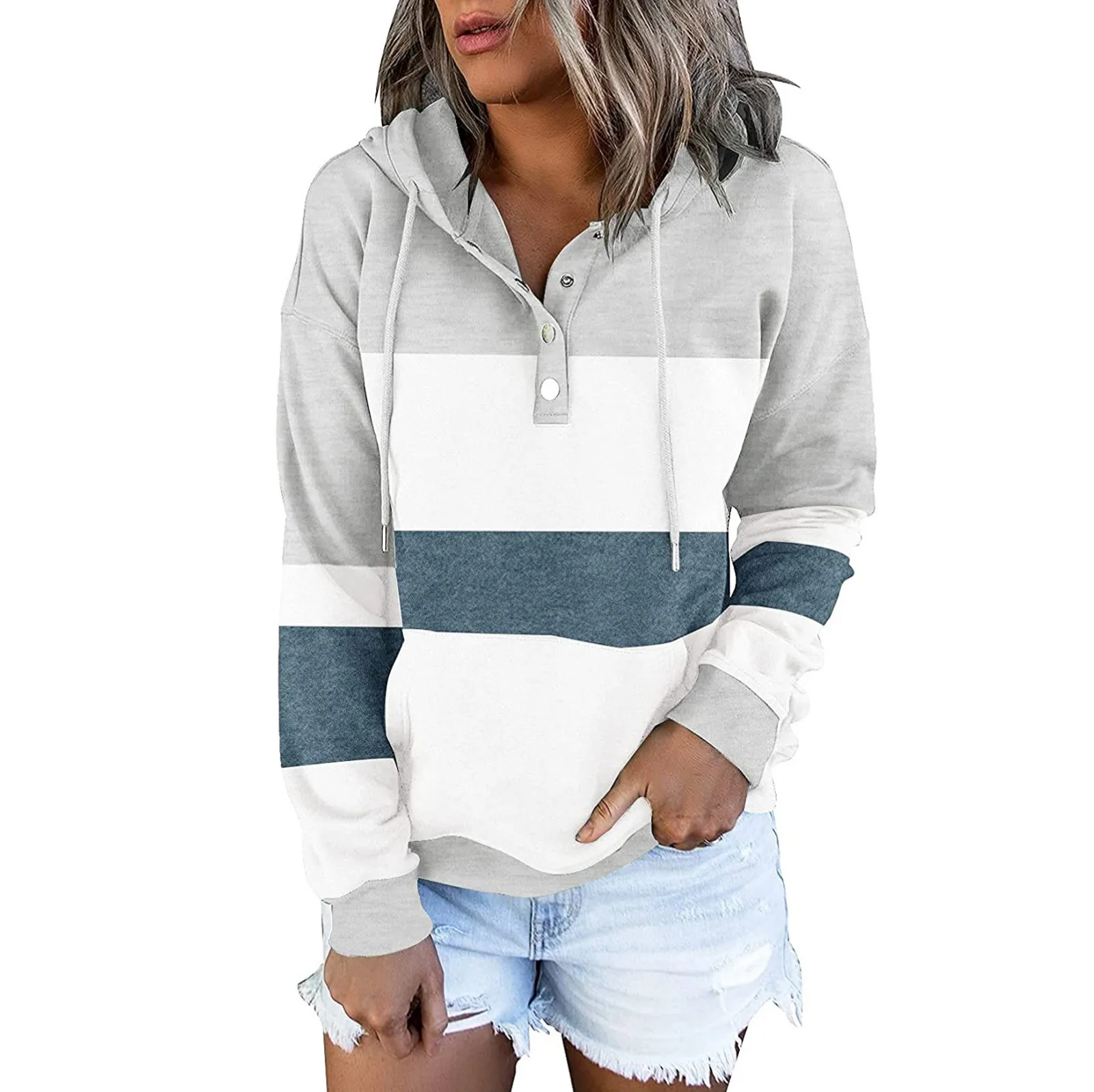 

Pocket Sweatshirts Drawstring Hoodies Women Casual Button Long Sleeve Hoodie Autumn New Style Loose Stripe Print Tops Moletom