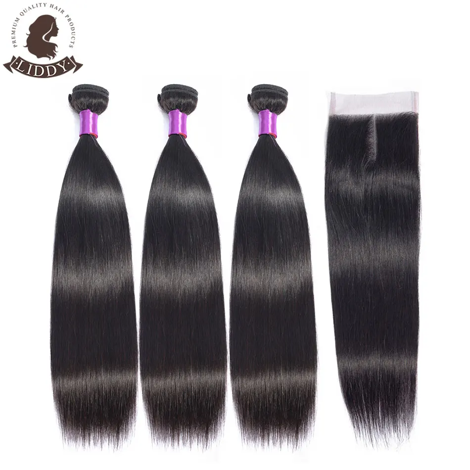 Прямые волосы Liddy пучки с закрытием малазийские 3 пучка 100% человеческие