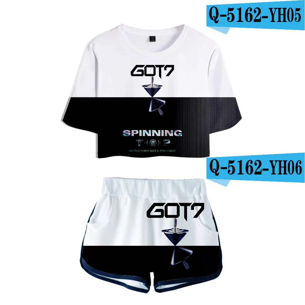 

2020 New GOT7 3D Navel Shorts Short Sleeve T-shirt Suit Women Two Piece Set Summer O-neck Crop Top Shorts 2 Piece Set For Women