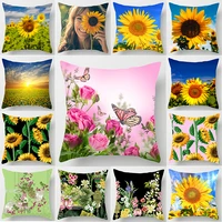 beauty pink flowers butterfly sunflowers tropical plants pillow cases short plush square thick pillow cover size 45cm by 45cm