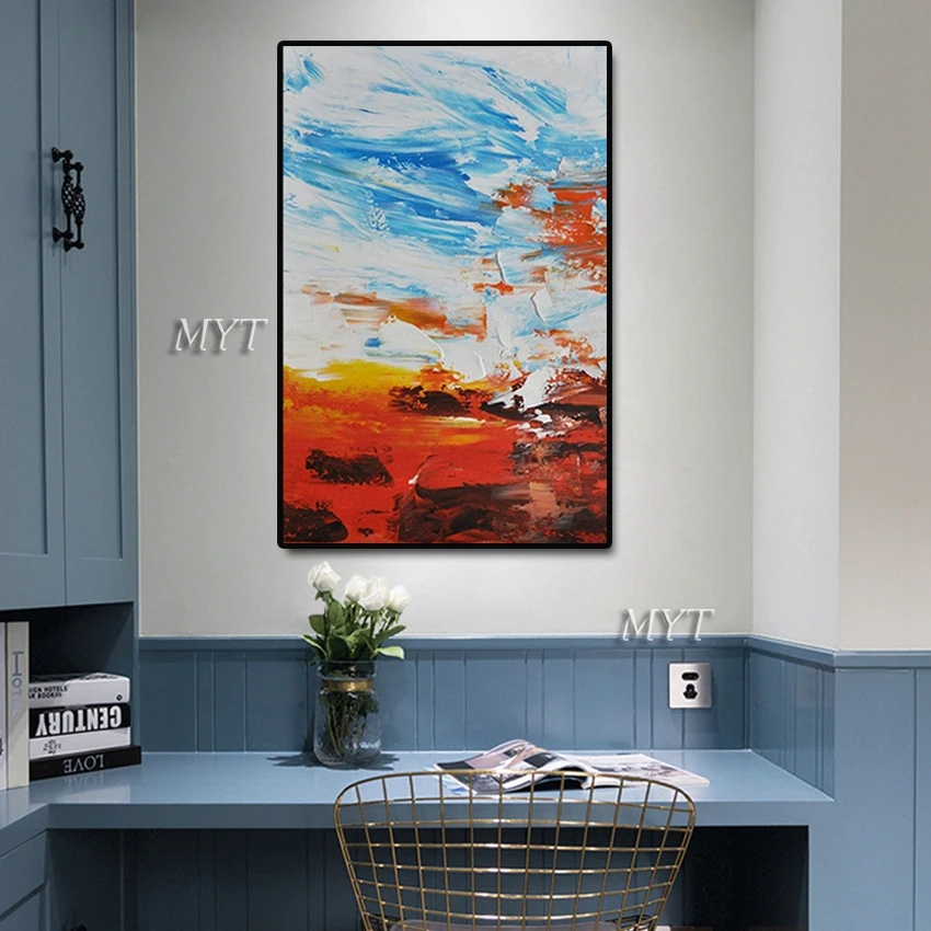 Hand Painted Red And Blue Abstract Gold Lines Oil Painting Canvas Wall Art Fine Modern Unframe For Living Room Decoration | Дом и сад