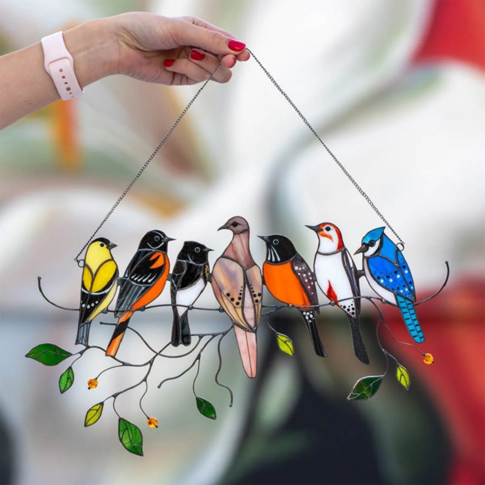 

Multicolor Birds on a Wire High Stained Glass Window Panel, Bird Series Ornamen decoracin de habitacin