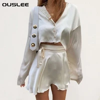 ouslee women sexy white elegant two piece set satin bandage v neck buttons mini dresses summer female lace up party dress