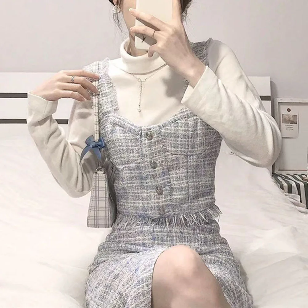 

Korean Version Japanese Two Piece Sets Autumn Winter Trendy Thick Thin Simple Hot Sale Blue Plaid Vest Top Half Skirt Suit