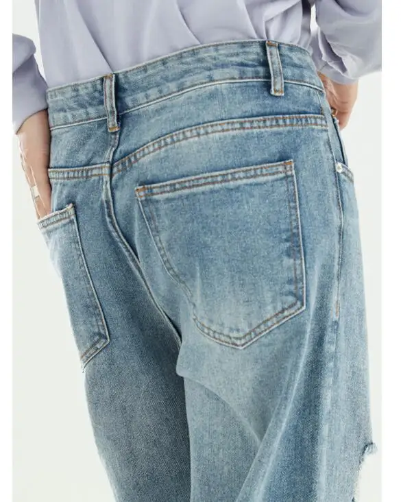 Jeans Men Street Ripped Jeans Men's Mopping Pants Loose Wash Straight-Leg  Denim Pants