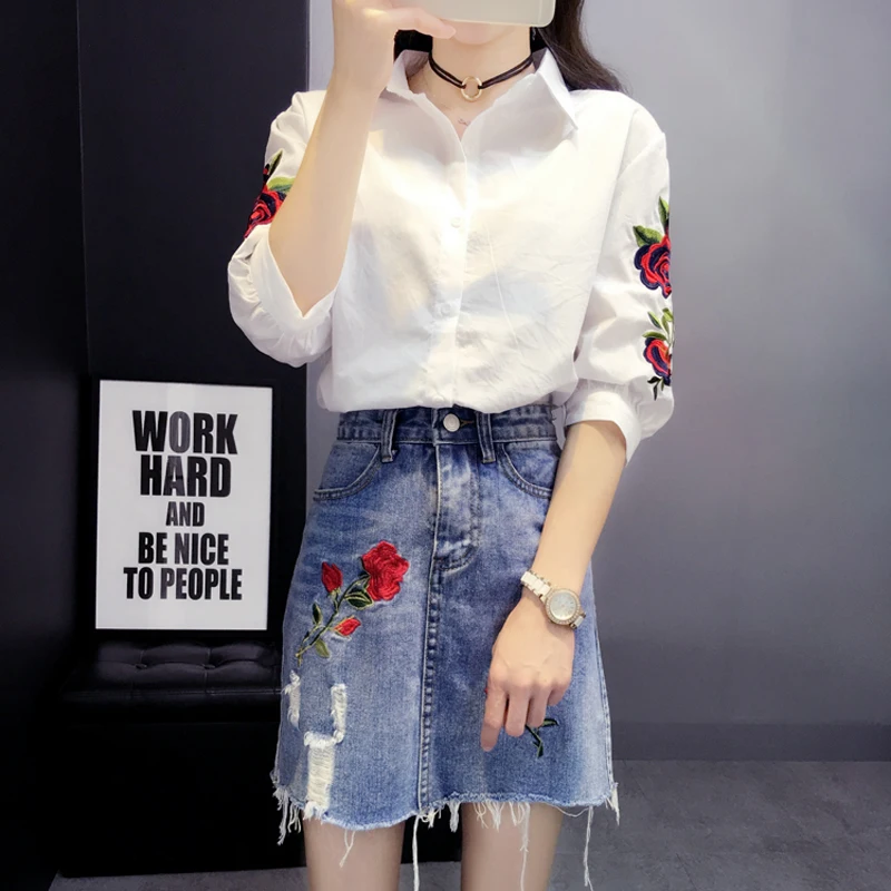Женская блузка с цветочной вышивкой модная Повседневная рубашка коротким