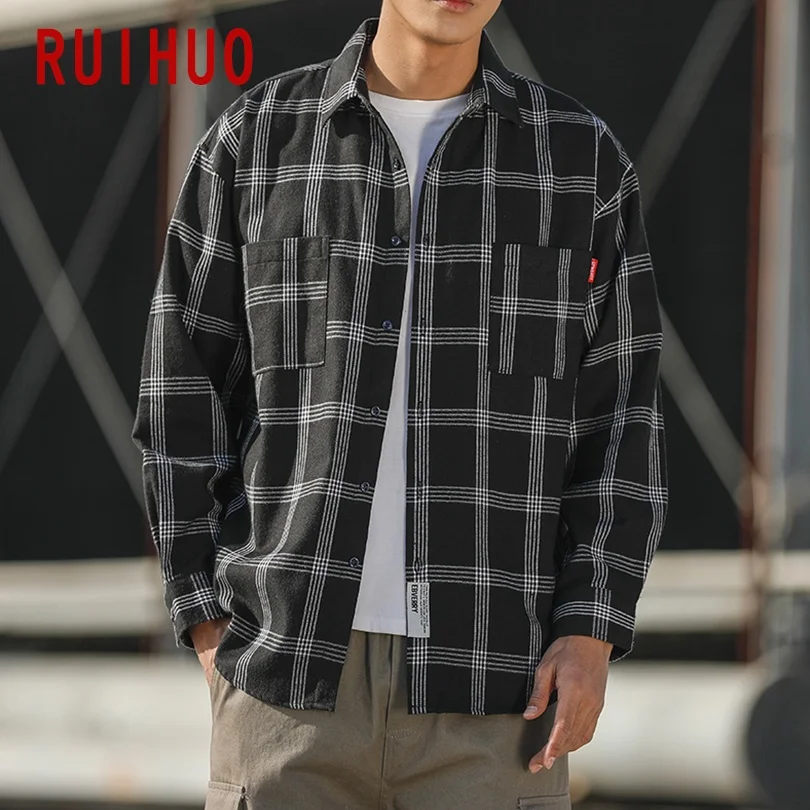 RUIHUO рубашка с длинными рукавами мужские приталенные повседневные клетчатые