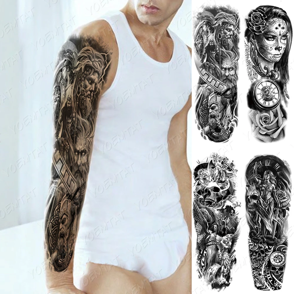 

Waterproof Temporary Full Arm Tattoo Sticker Greek God Indian Egyptian Skull Flash Tattoos Man Body Art Fake Sleeve Tatto Female