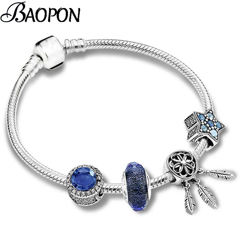 Серебряный Фэнтези звезды Шарм Браслеты ловли Любовь Сеть бусины кулон тонкий