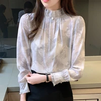 korean women blouses shirts chiffon blouse women long sleeve shirts tops woman satin blouse tops fashion woman print shirt top