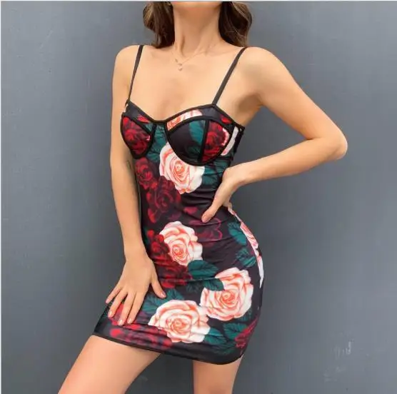 

Women's Sexy Sleeveless Sling Dress, Casual Tight Flower Printing Skirt, Low Collar Bodycon One-piece