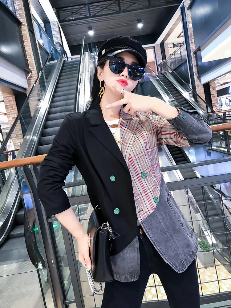 

Women's Denim Stitching Temperament Suit Jacket New Lapel Long Sleeve Loose Fit Jacket Fashion Trend Spring Autumn Suit Coat