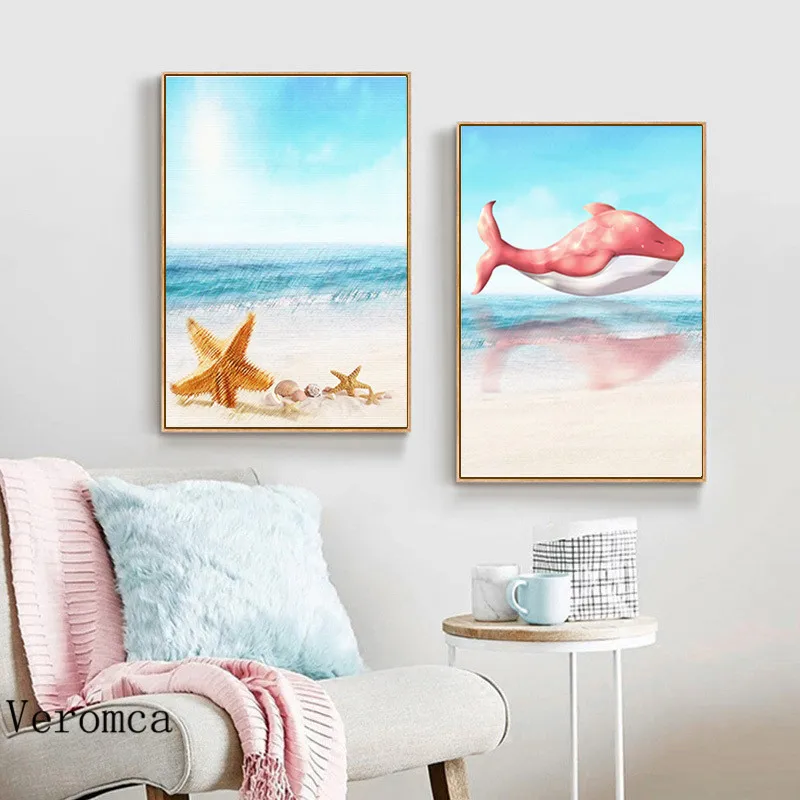 Пляжные ракушки настенное искусство летние каникулы тема китов морских звезд