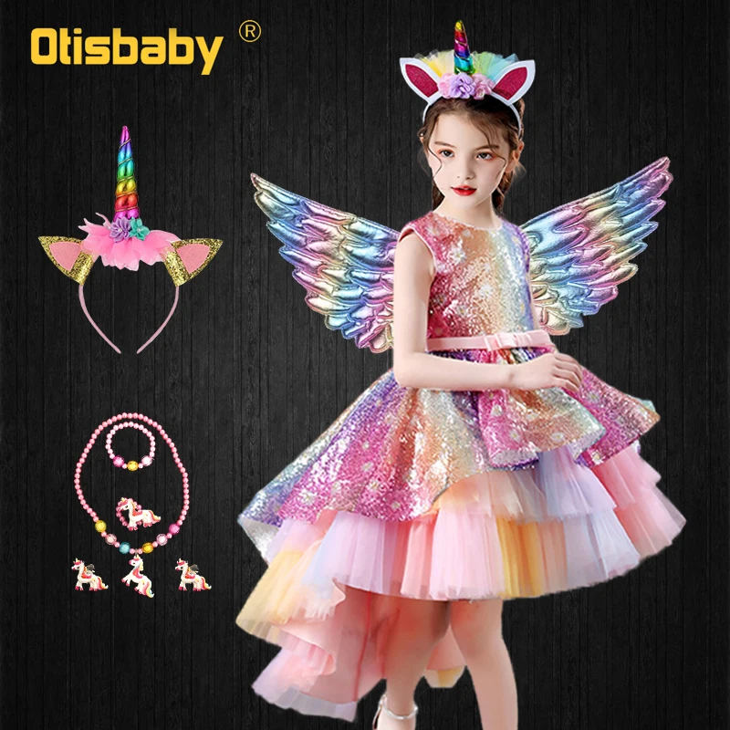 

Children Girl Party Unicorn Dress Summer Sequin Rainbow Dress for Girls Elegant Pageant Dresses for Kids Princess Birthday Gown