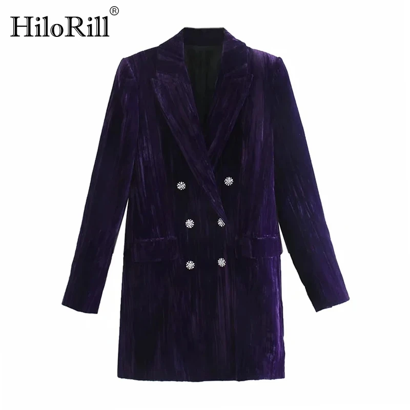 

HiloRill Chic Purple Velvet Suit Dress Women Beading Buttons Vintage Mini Dress Female Notched Collar Long Sleeve Office Dresses