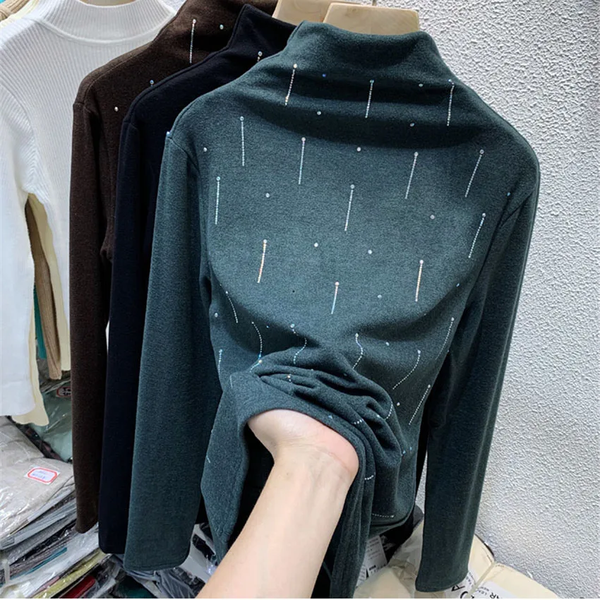 

Autumn Winter Warm Tops Pullover Korean Clothes Hot Drill Diamond Fashion Pullovers T Shirt Underwear Tee Shirt Femme