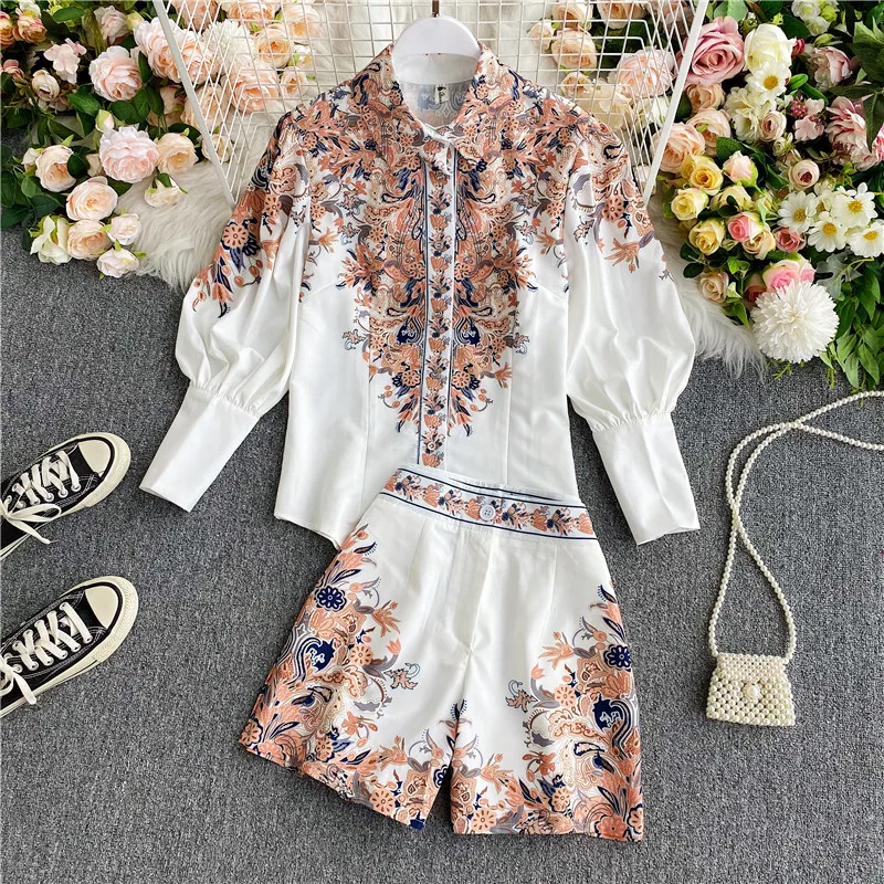 

Fashion Vintage Two Piece Set 2020 Summer Turn Down Collar Long Sleeves Blouse Lady Tops+ Shorts Women Vintage Streetwear Outfit