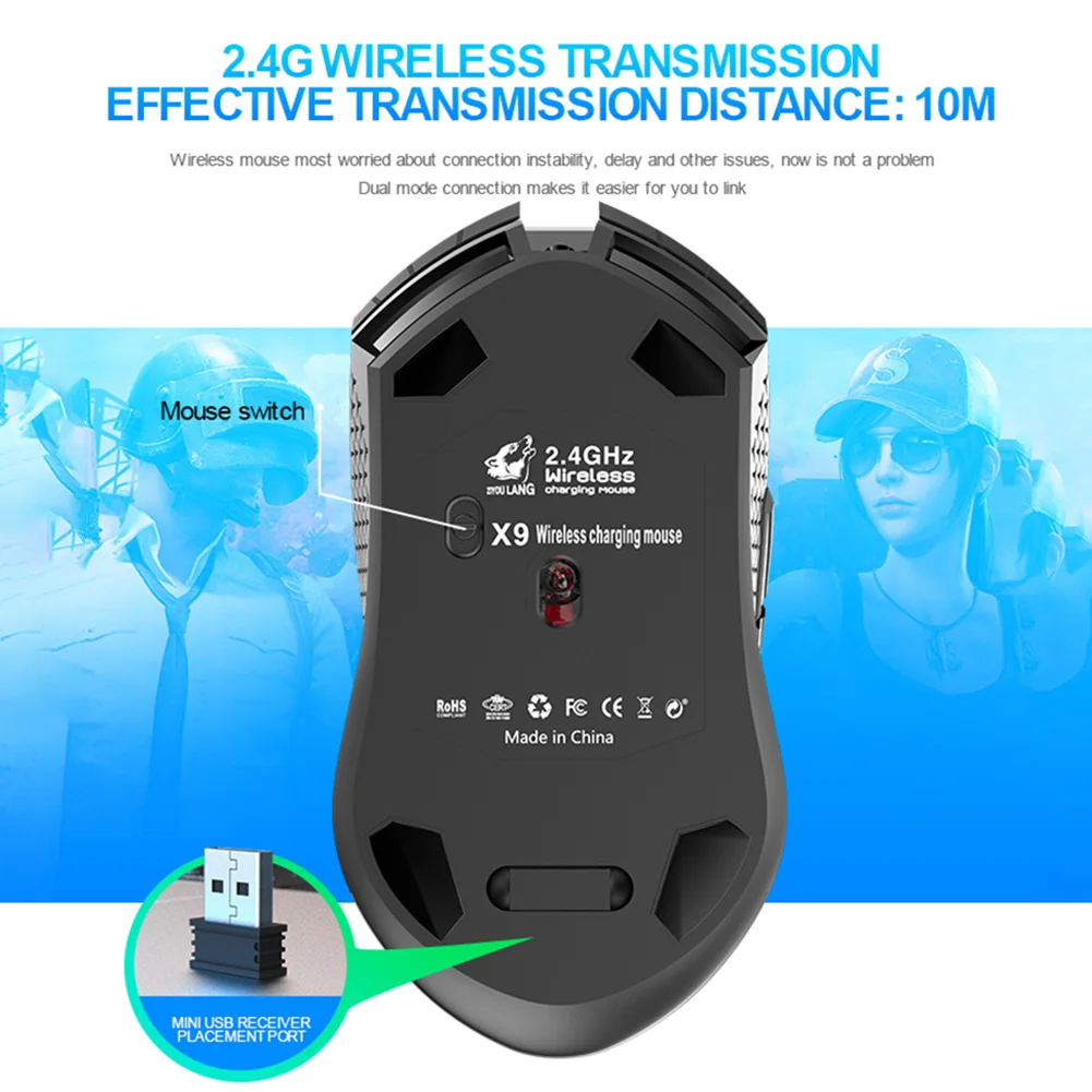 

X9 Wireless RGB Luminous Mouse Rechargeable Silent Mechanical Mice 2400 DPI Adjustable Gaming Mouse Mice