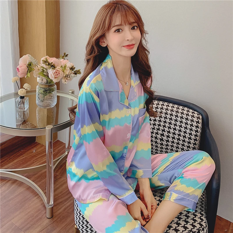 

Silk Pajamas Spring Women Satin Pajama Set Long Sleeve Sleepwear Faux Silk Pyjamas Suit Female Homewear