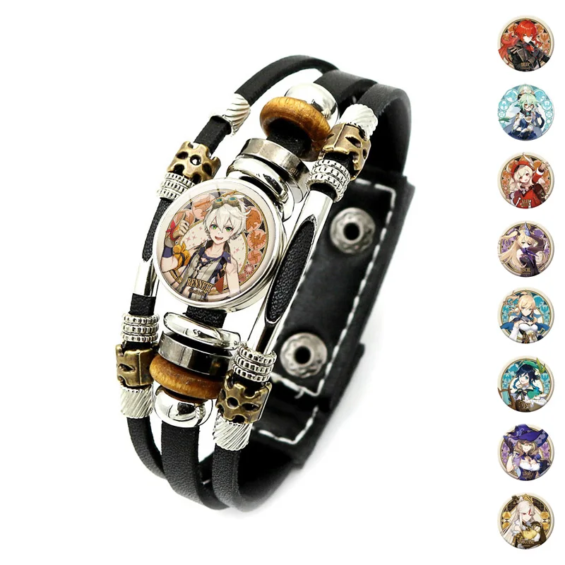 

Game Genshin Impact Snap Button Bracelet Anime Jewelry Vintage Fashion Handmade Multilayer Leather Bracelet Bangle for Women