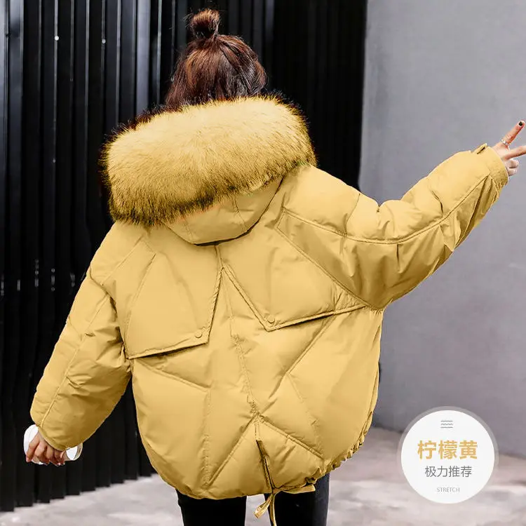 

Winter Large Fashion Women Cotton-Padded Jacket Loose High Imitation Fur Collar down Coat Hat Thick Short Cotton-Padded Clothes