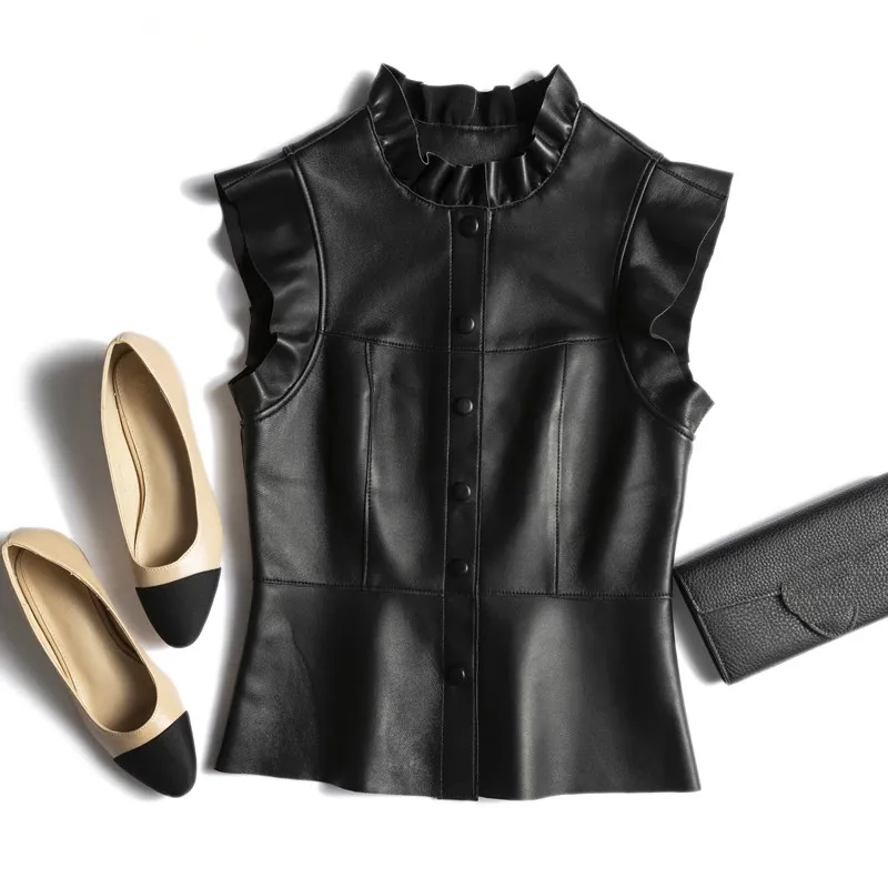 Elegant OL Ruffled Vest Women Femme 100% Leather Black Beige Slim Waistcoat Mujer Sweater Manteau Sleeveless Jacket