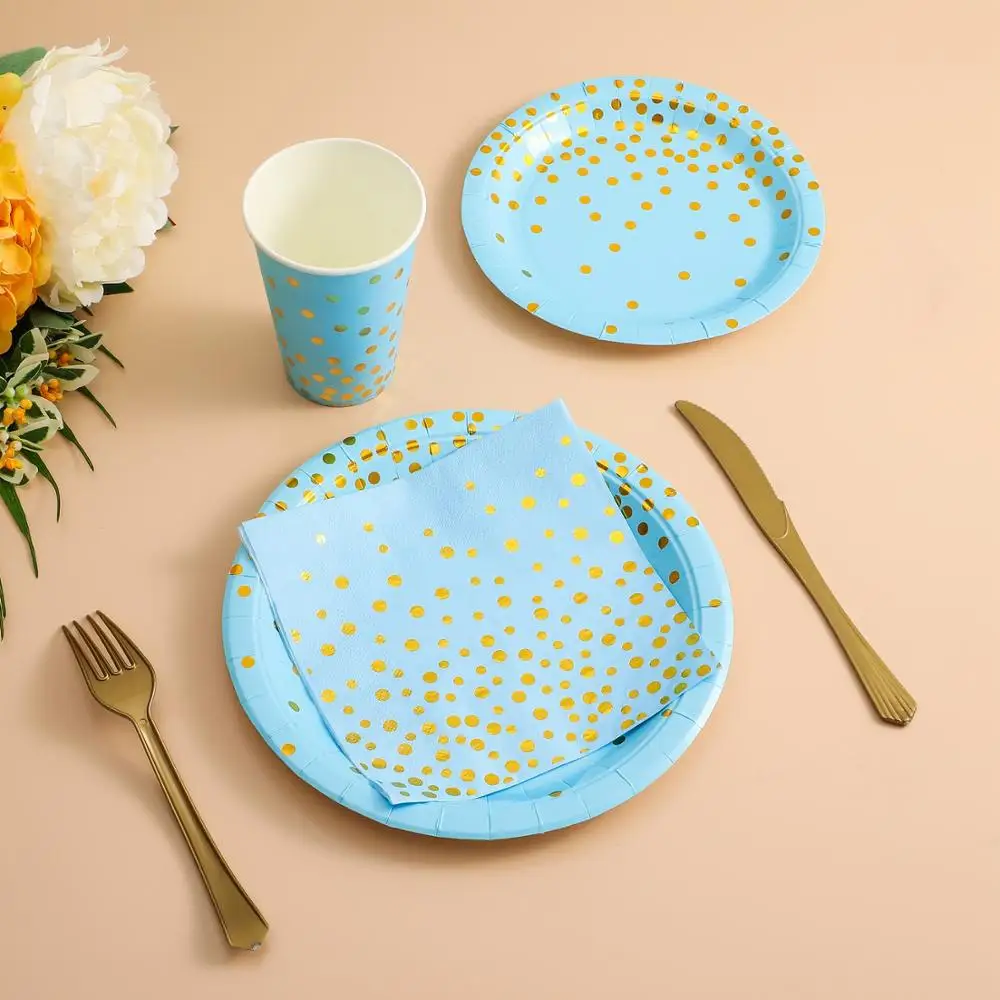 Синие и золотые вечерние 150 шт одноразовые тарелки в Золотой горошек столовые