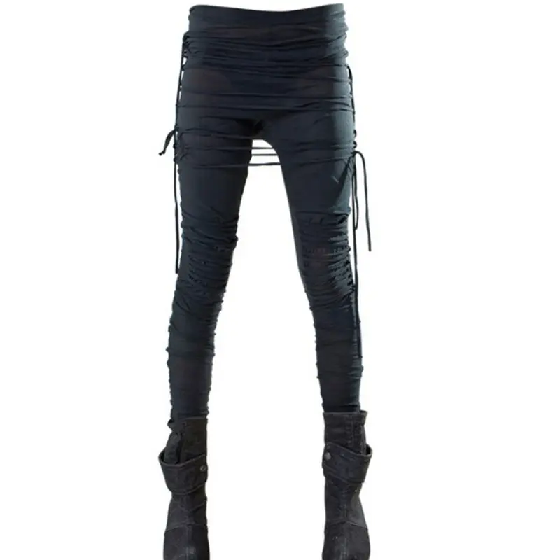 Готика Харадзюку черные узкие брюки женские на шнуровке хип хоп длинные