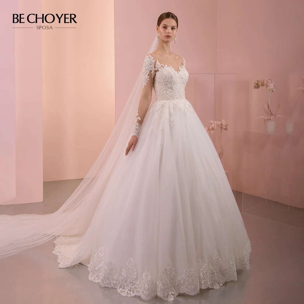 Vestido de Noiva лиф сердечком Кружевная аппликация свадебное платье длинный рукав