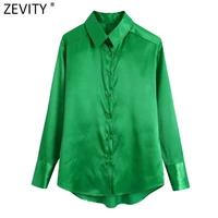 zevity new women simply single breasted green satin smock blouse office lady long sleeve business shirts chic blusas tops ls9844
