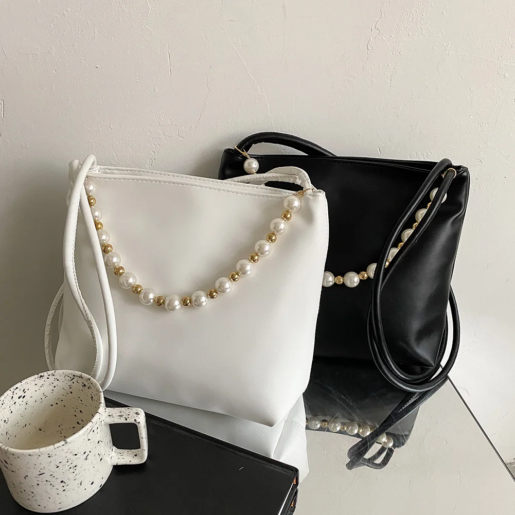 

Vintage Women PU Leather Solid Color Bucket Shoulder Underarm Bag Ladies Casual Small Pearl Chain Purse Handbags
