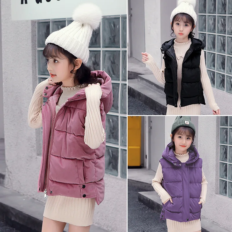 Длинный бархатный жилет для девочек 3 - 12 лет простые топы без рукавов с капюшоном