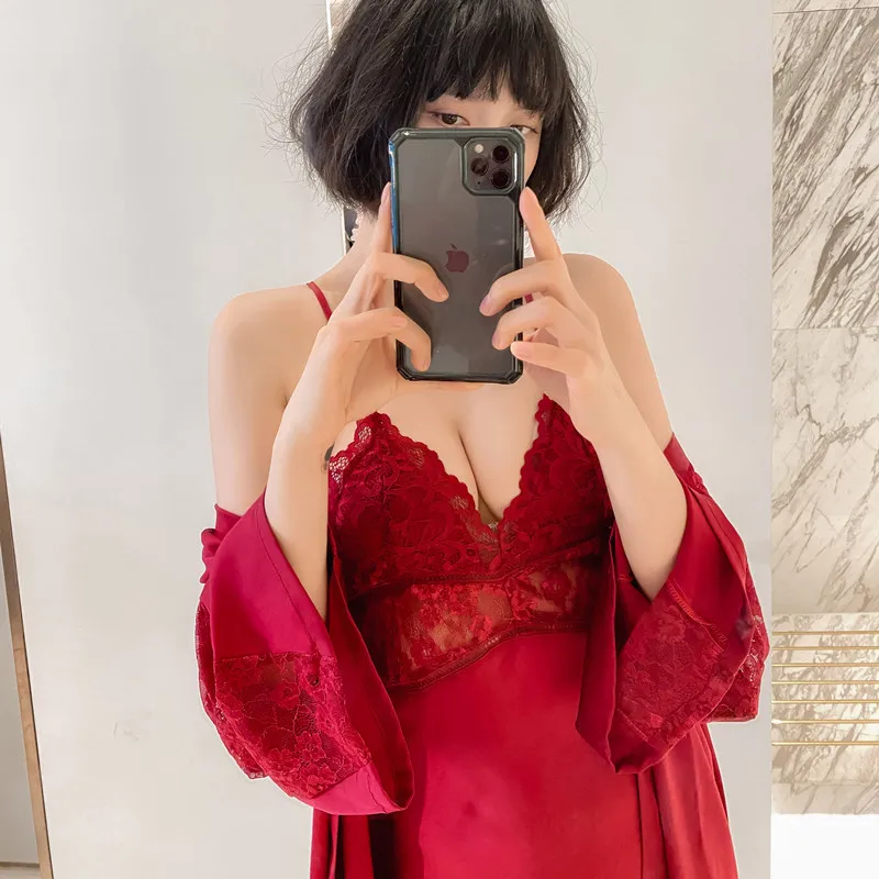 

Female Sexy Summer Nightgown Sleepwear Hollow Out Twinset Kimono Robe Gown Set Lace Patchwork Nightwear Satin Home Clothes