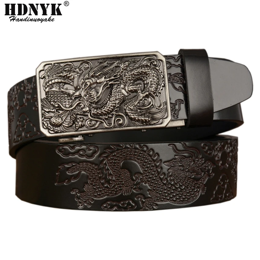 China Dragon Designer for Belt Men Cowskin Genuine Luxury Leather Men's Belts for Men Carving Dragon Pattern Automatic Buckle