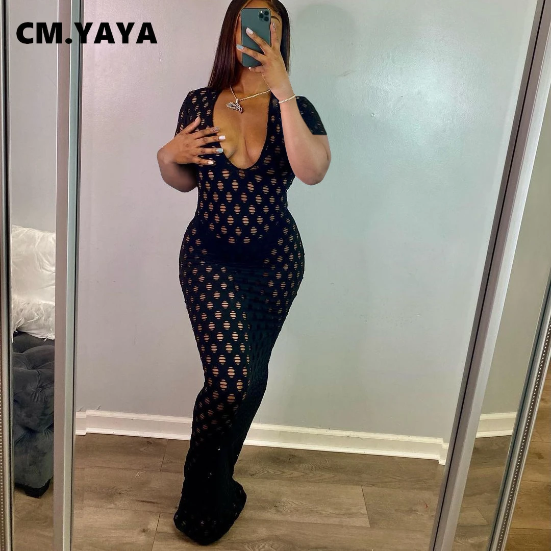 

CM.YAYA Gauze Mesh Hollow Out Maxi Women Dress Streetwear Beach Sexy Club Party Boydcon Bandage Short Sleeve V-neck Long Dresses