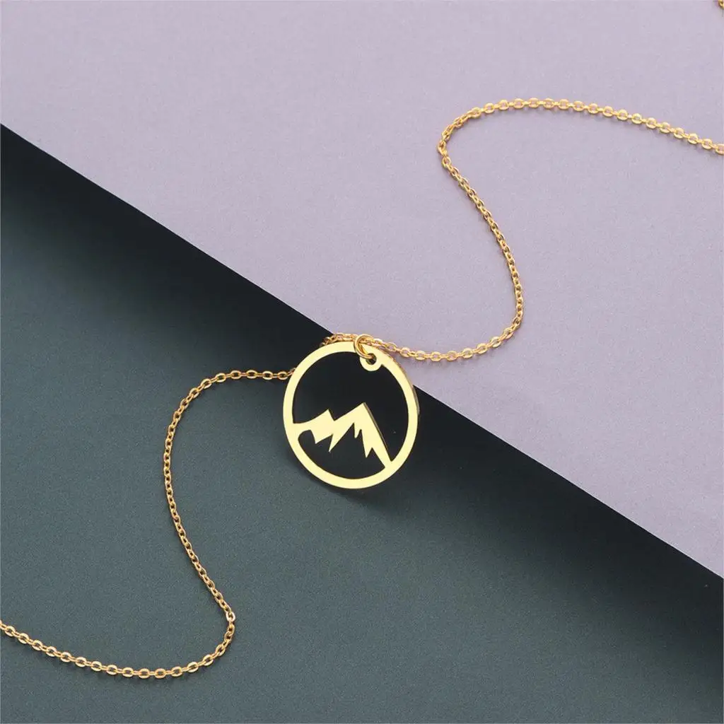 

Kinitial Stainless Steel Geometric Round Necklaces Charm Mountain Pendant Necklace For Women Girls Statement Choker Jewelry