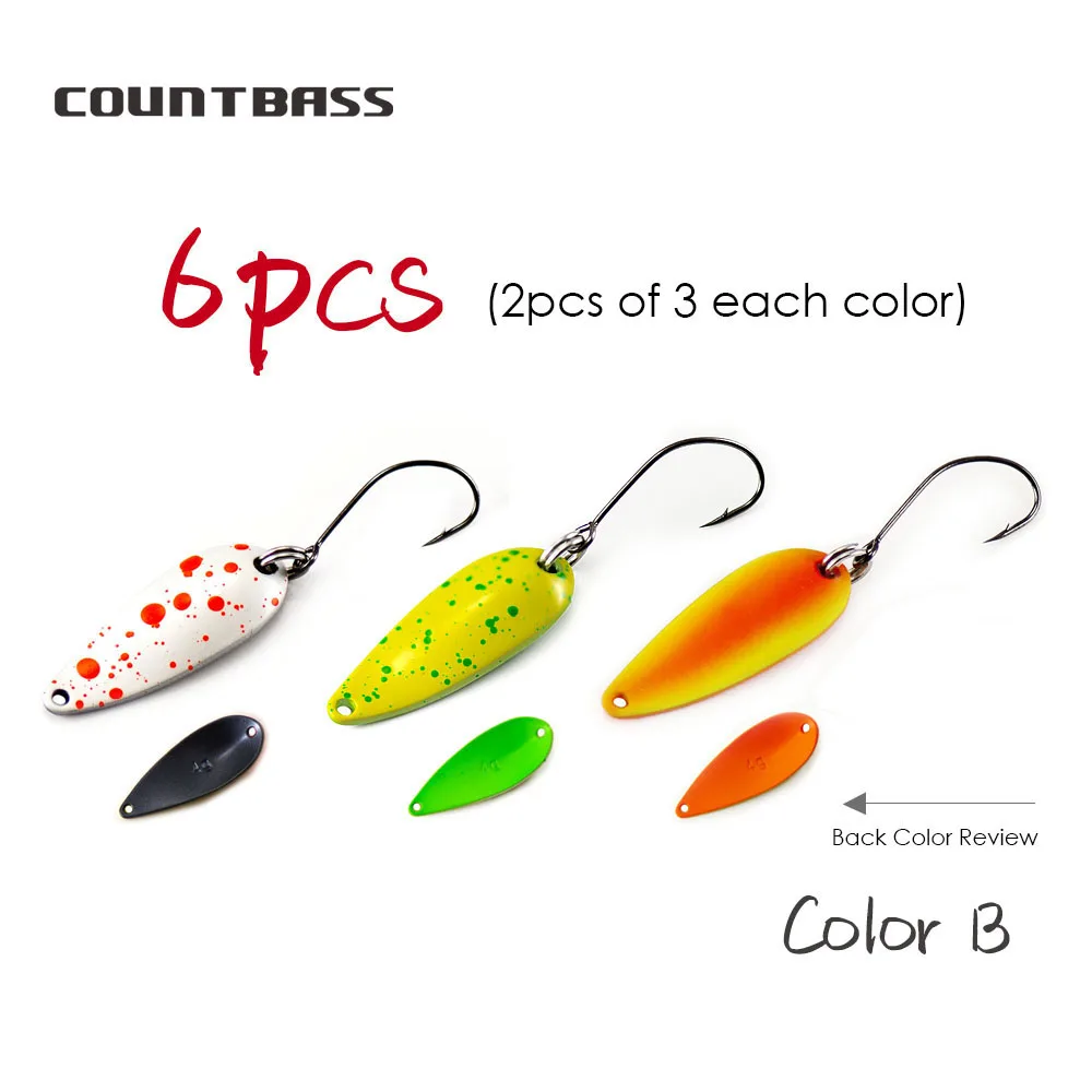 6PCS COUNTBASS Trout Spoons 2 Sizes 2.4g and 4g Fishing Lures Casting Metal Baits for Salmon Pike Bass Brass Material