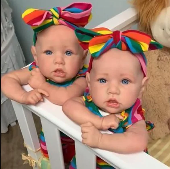 

NPK 22'' Lifelike Baby Doll Girl Twins Rainbow Clothes Saskia Full Silicone Soft Body Girl Boy Reborn Baby Doll Toy
