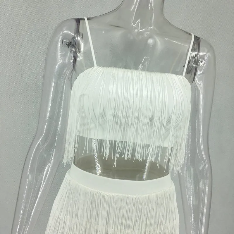 Мини-платье из двух частей с кисточками на тонких бретельках сексуальное Белое