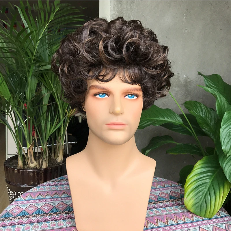 

Men Short Omber Brown Curly Wavy Wig Synthetic Wig With Bangs For Afro Men Daily Party Use Heat Resistant Fiber Nature Looking