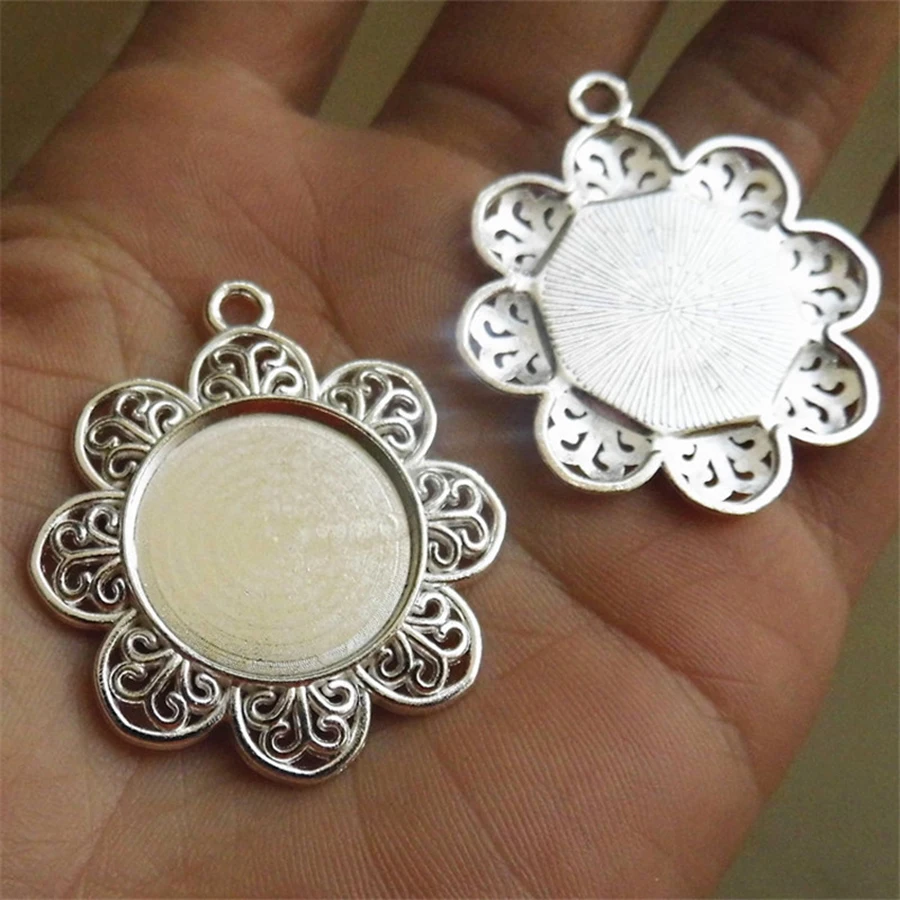 

10pcs Silver Color Flower Necklace Pendant Settings Cabochon Base Tray Bezel Blank Fit 20mm Cabochons Cameo DIY Neckalce Making