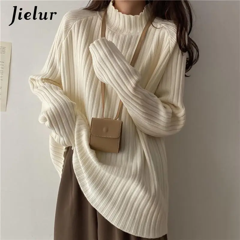 

Jielur Autumn Winter Knitted Thick Sweater Women Beige Coffee Casual Pullovers Sweaters Loose Warm Jumper Female Knitwear